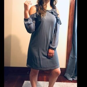 Blue, lace trimmed chiffon dress